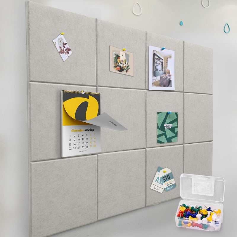 ZHIDIAN Felt Wall Tiles Bulletin Board with Removable Adhesive, 47"x35" Beige Cork Board Alternative with 40 Push Pins, 12 Pack Large Office Cork Tile Push Board Felt Squares for Walls - Image 1